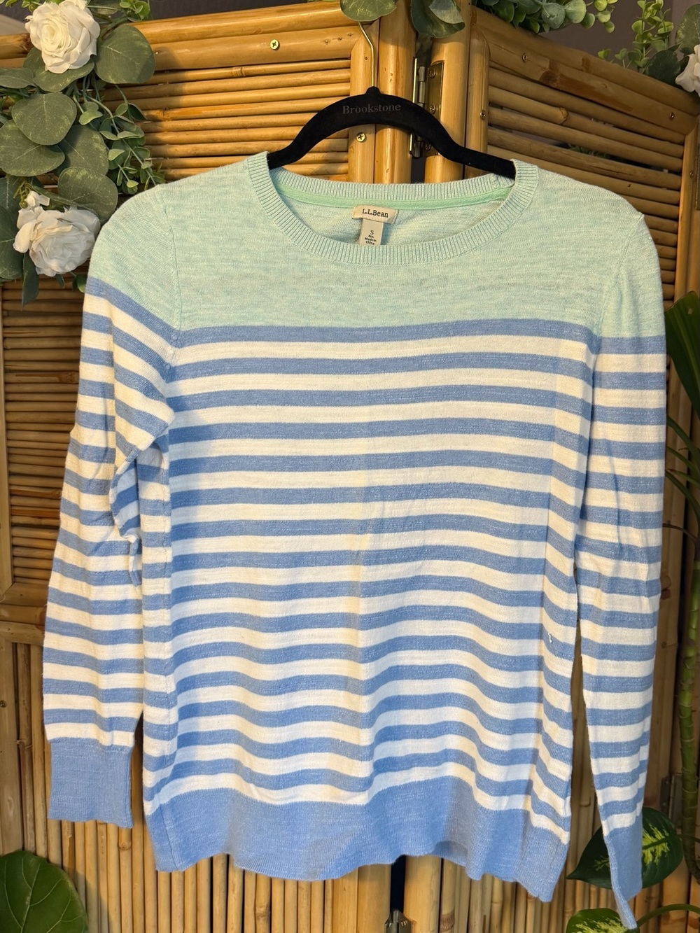 L.L. Bean Light Blue, White & Mint Striped Crewneck Sweater